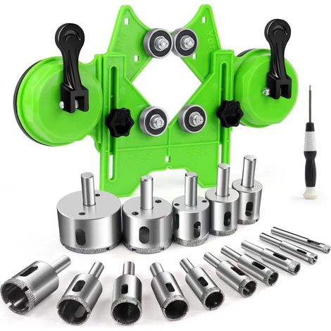 Kit d'agrandisseurs de trous diamantés, emporte-pièce à double ventouse verte + 15 forets + tournevis