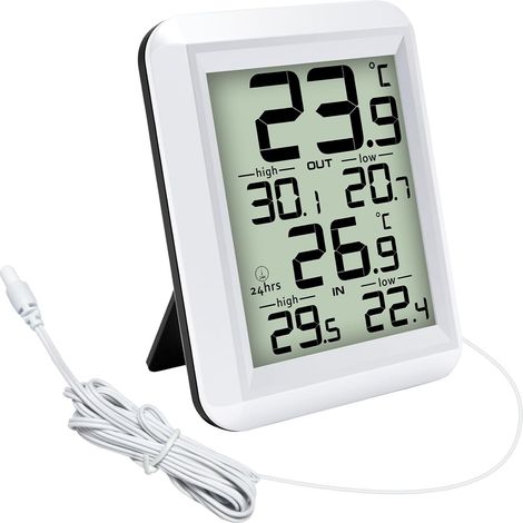 Termómetro digital para interiores y exteriores con cable impermeable de 2 m, registro de valores mínimos y máximos y sonda para el hogar, la oficina, invernaderos, acuarios y refrigeradores. (1/2)