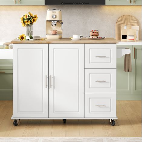 Isola da cucina mobile bianca in MDF con piano ribaltabile, 3 cassetti e ruote (1/5)