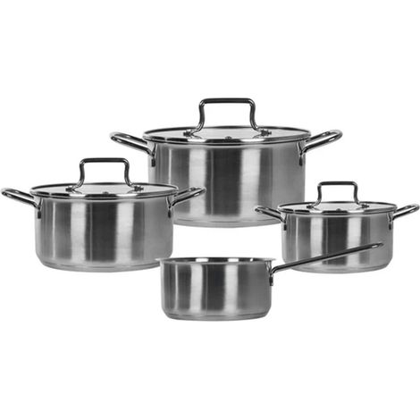 TRADE SHOP - Set Batteria Di Padelle 7pz In Acciaio Inox Con Fondo Full Induction Coperchi In Vetro -