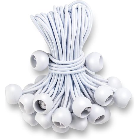 Lot de 50 tendeurs élastiques à boule de 15 cm (6 pouces), blancs, pour bâches et toiles de tente. Ces tendeurs robustes sont parfaits pour le camping, les abris, le transport de marchandises