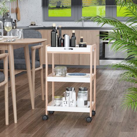 Chariot de service desserte de cuisine à roulettes 2 étagères + plateau amovible bois de pin MDF blanc - Modèle