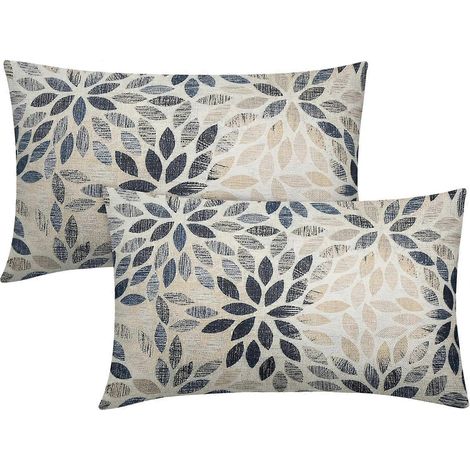 Housses de coussin lombaires bleu marine Dahlia 12x20 pouces, motif floral géométrique rustique, housses de coussin rectangulaires décoratives beige, marron et gris à motifs floraux, style ferme (1/4)