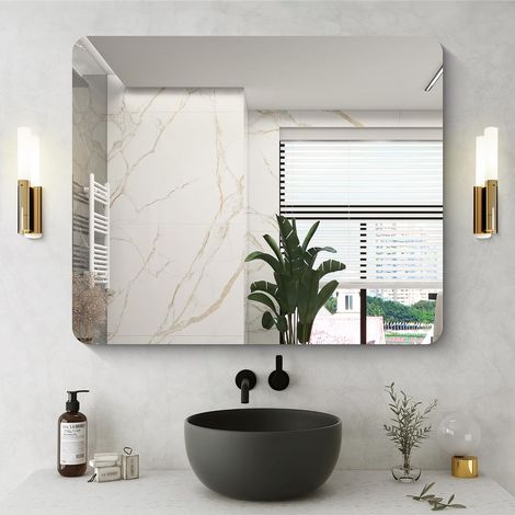 Miroir mural rectangulaire 90 x 75 cm, sans cadre, miroir de salle de bain avec coins arrondis, miroir rectangulaire pour salle de bain, chambre à coucher, salon, suspendu horizontal ou (1/5)