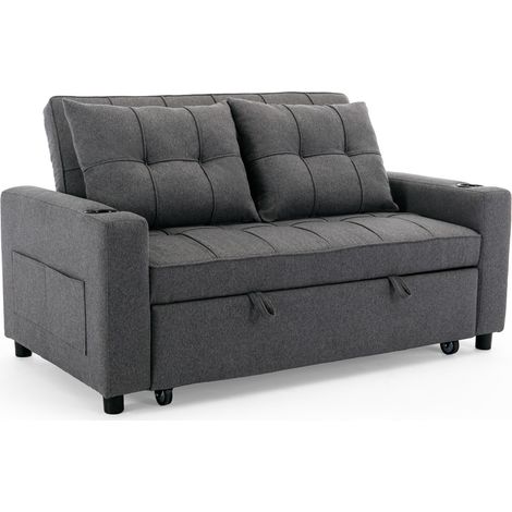 HUDSON SOFA BED LINEN FABRIC WITH CUP HOLDERS GREY 2-SEATER (1/5)