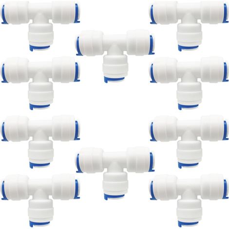 Raccord RO - Raccord à Emboîtement Rapide 1/4 Pouces - Angle Droit 90 Degrés 3 Voies - Pour Tuyau Osmose Inverse - 10 Pièces (1/5)