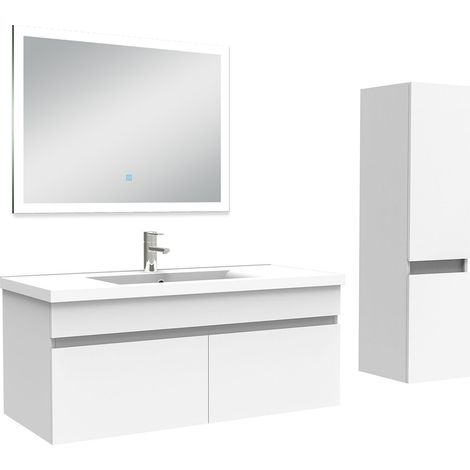 Ocean Ensemble meuble Salle de Bain 100cm avec vasque + colonne + miroir lumineux 3 couleurs blanc