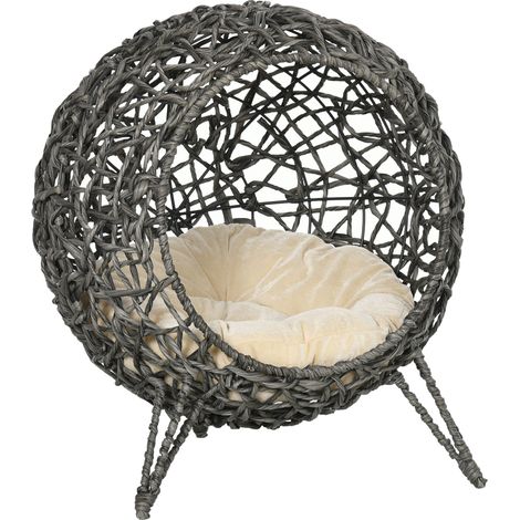 Panier pour chat surélevé, lit cosy en résine tressée imitation rotin, niche-grotte Ø 52 x 58H cm, coussin moelleux inclus (1/5)
