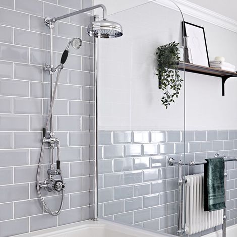 Hudson Reed – Colonne de douche rétro thermostatique avec mitigeur exposé – Pommeau pluie rond 19,4 cm – Douchette réglable – Finition chromée et détails en céramique noire (1/5)