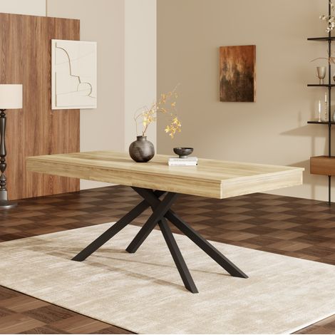 Table à manger extensible 140-180x80 cm pour 6-8 personnes, plateau épais, pieds croisés, MDF coloris chêne (1/5)