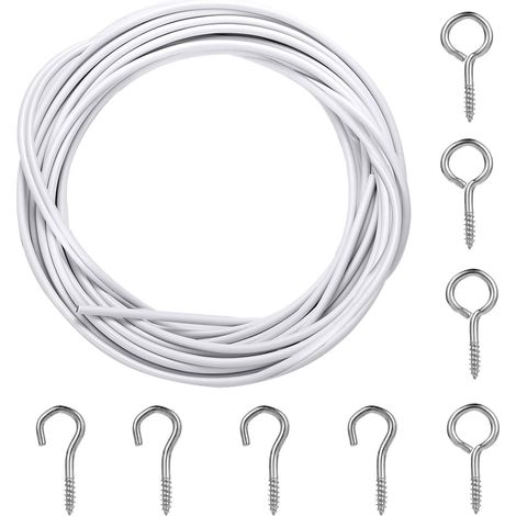 1 Kit Câble pour rideau,3m Fil acier blanc,Boulons à œil,Crochets à visser,Intérieur et extérieur