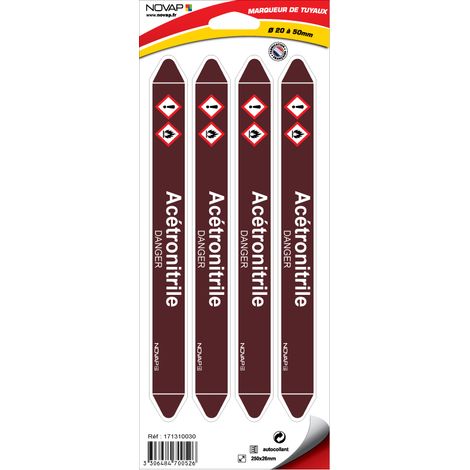 Planche de 4 marqueurs de tuyauterie 250 x 26 mm pour Ø 20 à 50 mm - Acétronitrile - 4700526