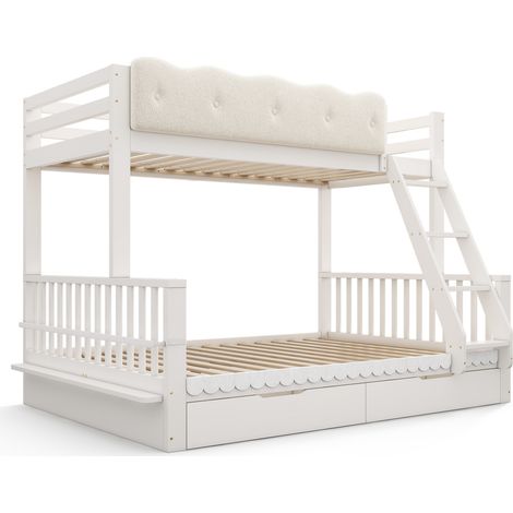 Lit superposé enfant 90x200/140x200 cm avec tiroirs et porte-revues, bois, blanc (1/5)