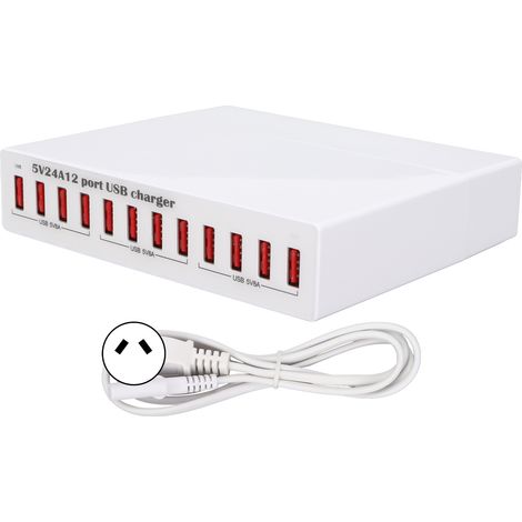 12-Port-USB-Ladestation – Intelligentes Laden mit LED-Anzeigen und automatischer Erkennung – 100–240-V-USB-Hub mit australischem Stecker