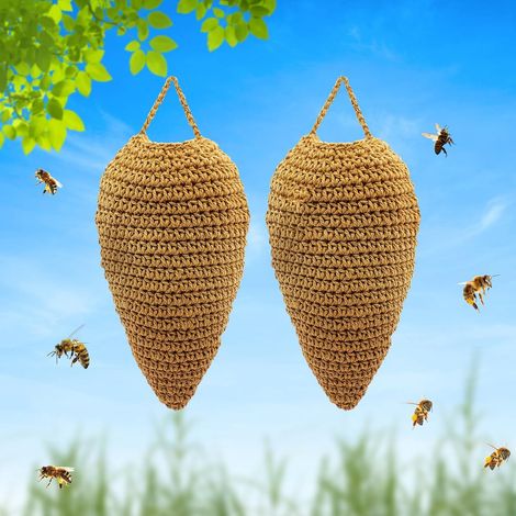 Confezione da due grandi trappole per vespe all'uncinetto, finte trappole per vespe da appendere, decorazioni a forma di nido di vespe all'uncinetto, finti alveari, adatte per patii e grondaie esterne (1/5)