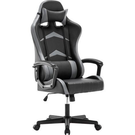 Gaming Stuhl mit Kopf- und Lendenkissen, ergonomischer Bürostuhl, grau (1/5)