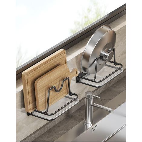 Support mural pour couvercles de casseroles avec bac d'égouttage, auto-adhésif sans perçage (lot de 2, noir)-AquaForge (1/5)