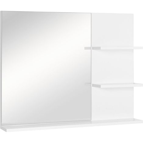 Miroir de Salle de Bain avec étagères - 2 étagères latérales + Grande étagère inférieure - kit Installation fourni - MDF Blanc (1/5)