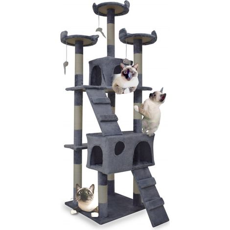 XL Katzen Kratzbaum Hellgrau Katzenbaum Katzenhaus Katzenturm Sisal Plüsch Kratzsäule 170cm 3 Etagen Plüsch Sisal 2 Schlafhöhlen