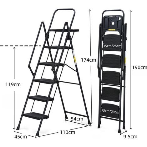 Escabeau pliable 5 marches acier avec plateau à outils, pédales antidérapantes et rampes