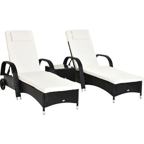 Outsunny 3 PCS Rattan Lounger Recliner Bed Garden Furniture Set w/ Side Table (1/5)