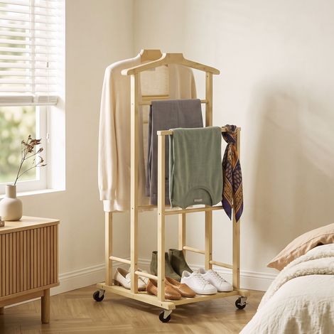 Porte-manteau en bambou à roulettes avec cintres, barres, plateau et étagère, pour chambre ou entrée, couleur chêne. (1/5)