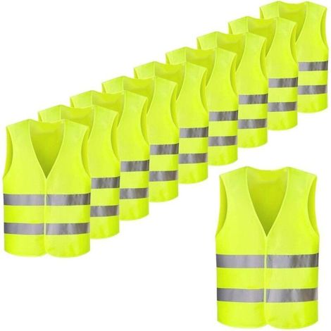 Lot de 10PCS Gilets de Sécurité Jaune Fluo Réfléchissant, Haute Visibilité pour Cycliste, Conducteur, Coureur, Eboueur etc,56x68cm (1/5)