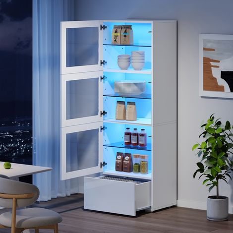 Vitrine de rangement avec 3 portes en acrylique, 1 tiroir, 3 étagères réglables, LED, pour salon, MDF blanc, 60 × 40 × 173 cm (1/5)