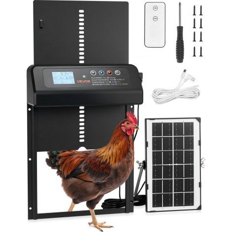 Puerta Automática para Gallinero, Abridor Automático para Pollos Solar, con Mando a Distancia Pantalla LCD Sensor de Luz y Temporizador, Panel Solar y Batería, Protección Antipinzamiento, Negro (1/5)