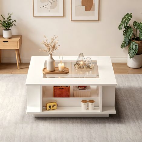 Table basse carrée blanche 70x70x30 cm, plateau verre brillant avec éclairage LED, idéale comme table d'appoint, console ou table de salon, en panneau de particules, charge max 30 kg. (1/5)