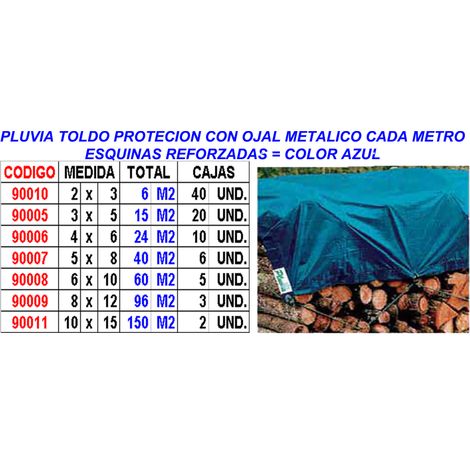 Toldo de protección Pluvia lona 2x3 m 280 gr azul con ojal y refuerzo