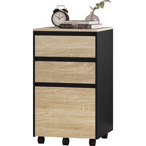 Woltu – Caisson mobile de rangement bureau 3 tiroirs – Dimensions 40x40x70cm – Bois d’ingénierie E1 chêne clair et noir – Roulettes pivotantes 360°