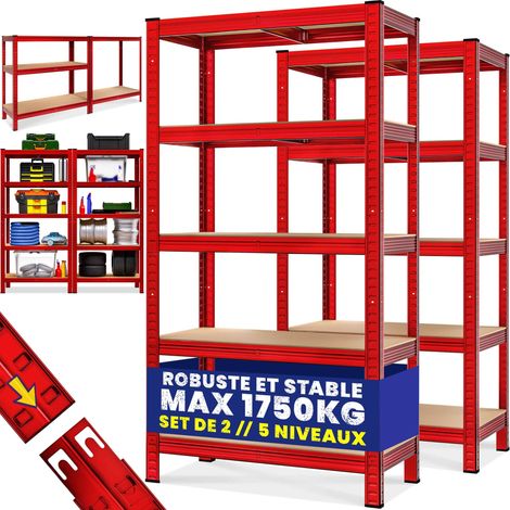 Pack de 2 étagères charge lourde MONZANA - Métallique - Rouge - 180 x 90 x 40 cm - Charge max. 875 kg - Étagère de rangement clipsable - 5 niveaux - Stockage cave