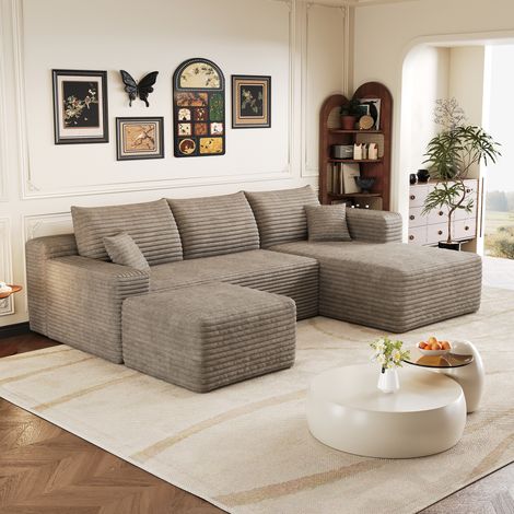 Divano angolare a U a 3 posti, in velluto a coste color kaki, con chaise longue dritta e pouf, compresso, non richiede montaggio, imbottitura in schiuma 35D, dimensioni 241x151x58 cm. (1/5)