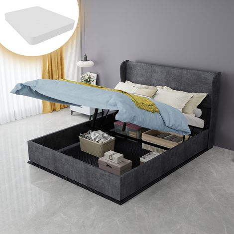 Bett modern gepolstert grau 140x200 cm mit weichem Kopfteil und Stauraumbasis mit Gasdruckfeder, Matratze inklusive (1/5)