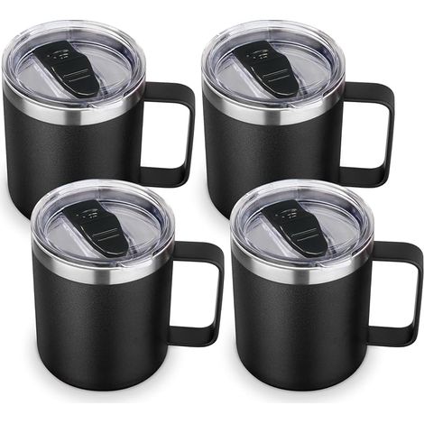Lot de 4 tasses à café isothermes en acier inoxydable avec couvercle – Tasse à café de voyage à double paroi avec poignée – Gobelet isotherme réutilisable en métal pour le camping – Cadeau de (1/5)