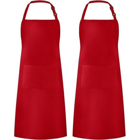 Lot de 2 tabliers imperméables réglables avec 2 poches pour barbecue et dessin, pour femmes et hommes, rouge (1/4)