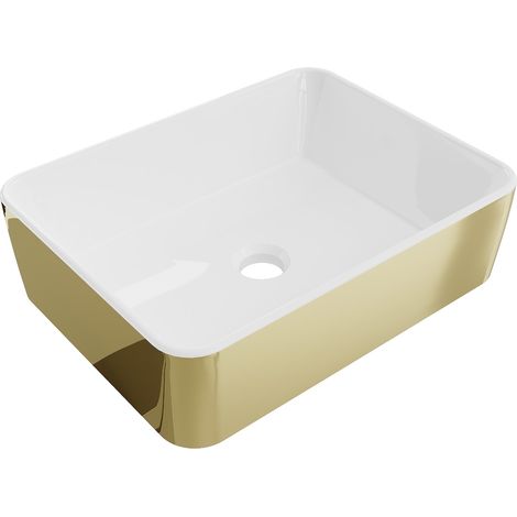 Vasque à poser rectangulaire Silla, lavabo salle de bain en céramique 48x37x13 cm, design moderne, installation facile, Blanc/Or