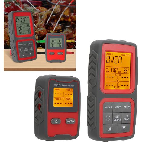 Hochpräzises drahtloses Fleischthermometer mit LCD-Temperaturanzeige, 4 Sonden, Alarmfunktion und voreingestellter Temperatur. (1/5)