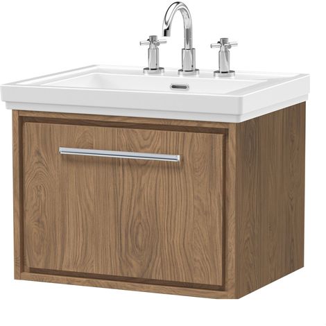 Longnor 1 Drawer Wall Hung Vanity Unit with 3 Tap Hole Traditional Fireclay Basin, Antique Oak, 600mm (1/4)