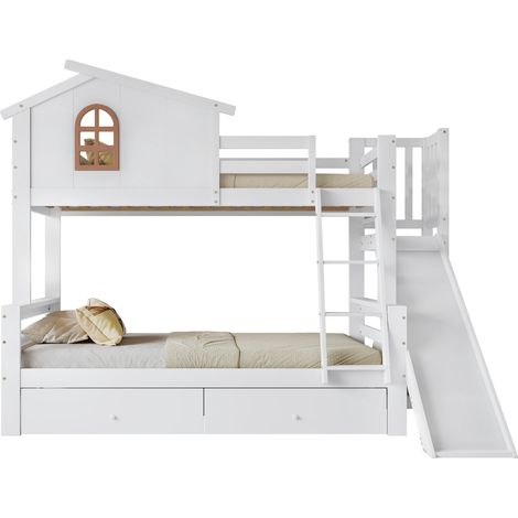 Lit superposé en bois massif + MDF blanc 90x200 / 120x200 cm avec toboggan, échelle 4 marches et 2 tiroirs (1/5)