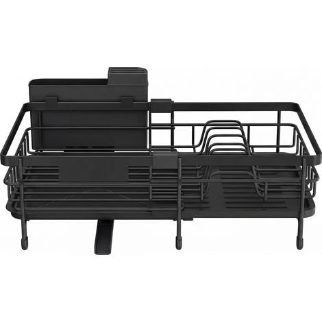 Égouttoir à Vaisselle Extensible avec Pieds en Caoutchouc et Bec Rotatif, (30,2-46,5) x 30,4 x 14 cm, Noir