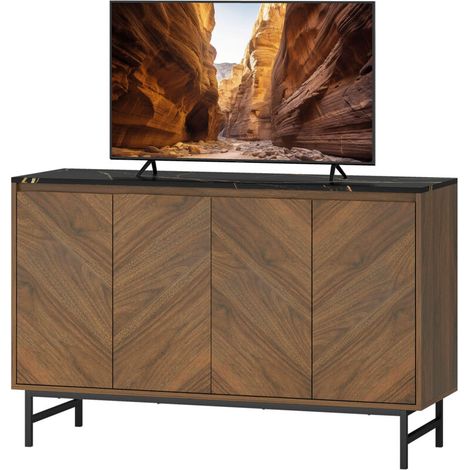 Meuble TV Meuble TV, meuble télé avec 4 portes, plateau effet marbre, étagères réglables, 120x39x76cm, noyer (1/5)