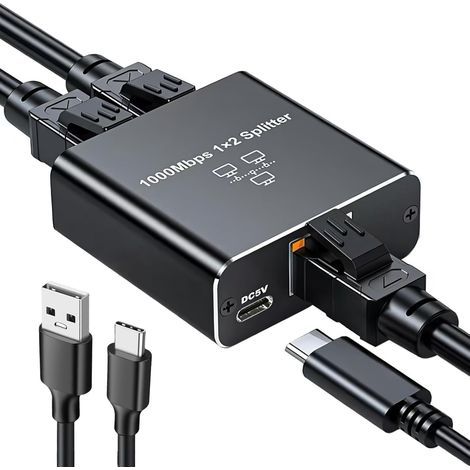 Switch Ethernet 1 à 2 1000 Mbps RJ45 Splitter 2 Port, Gigabit Répartiteur RJ45 1 à 2 LAN Splitter avec Alimentation USB-C pour Ordinateurs Hub Commutateurs Routeurs Télévision Numérique (1/5)