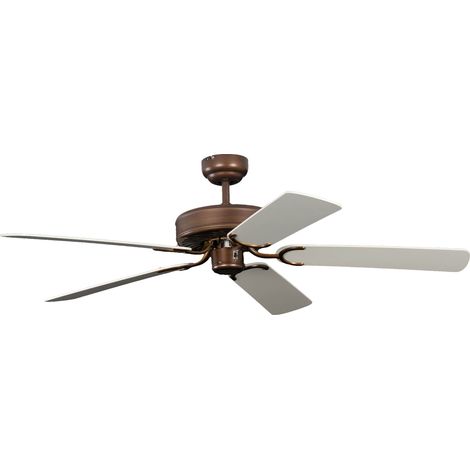 Ventilateur de plafond, sans éclairage, revêtement bronze antique, pâles de couleur blanc / osier (1/5)