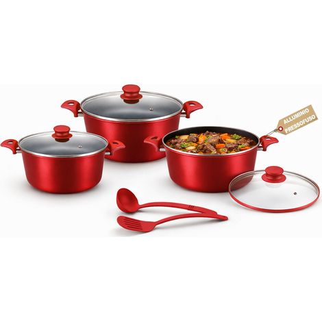 Set 3 Casseruole Milena Rosso con Coperchi e Mestoli Piano Cottura Universale