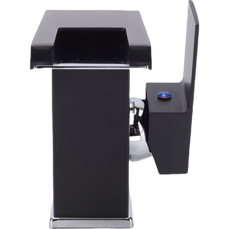 Mitigeur lavabo LED noir effet cascade à un trou avec poignée pour meuble salle de bain 2 flexibles (1/5)