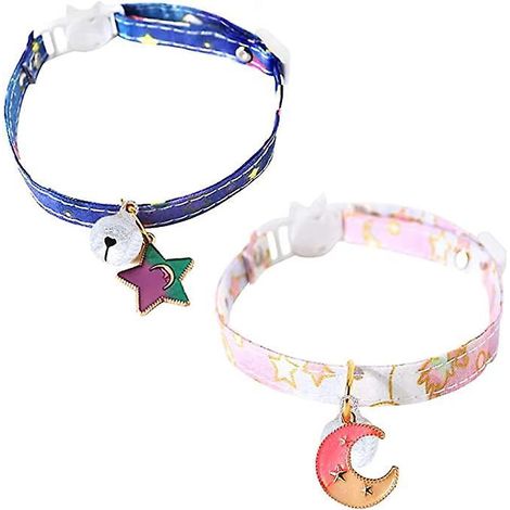 2 Colliers De Chat Rglables Avec Boucles  Dgagement Rapide (lune Rose Et Toiles Bleues 8-16 Cm), Colliers De Chat Dtachables Avec Cloches, Jolis C (1/5)