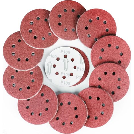 100 Disques Abrasifs, Grain 100, 125 Mm, 8 Trous, Pour Ponceuse Excentrique, Bois Métal (1/5)