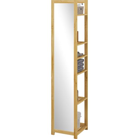Meuble colonne salle de bain 6 niveaux bambou avec miroir, étagères naturelles 35x35x168 cm (1/5)